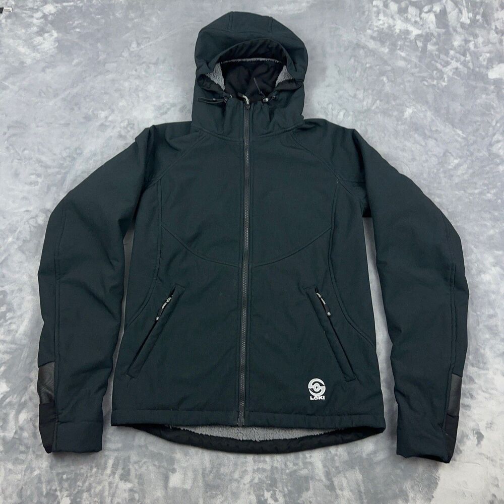 Loki Jacket Womens Sz S Black Softshell Sherpa Lined Ski Built In Mittens Mask